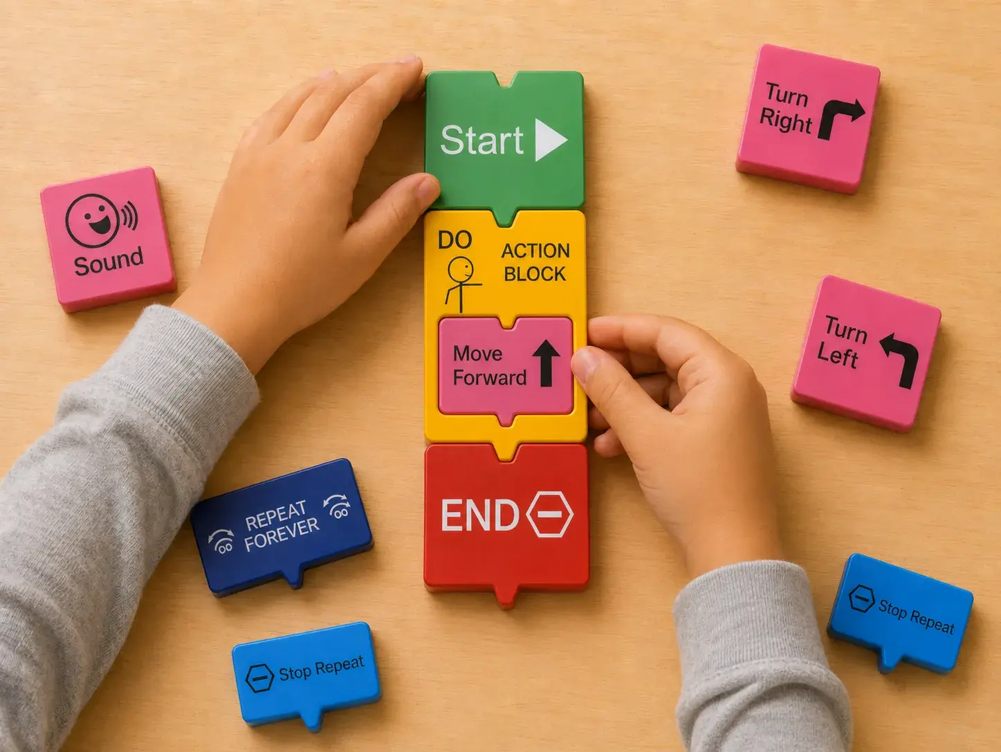 A child arranging magnetic PhysiCode logic tiles on a board