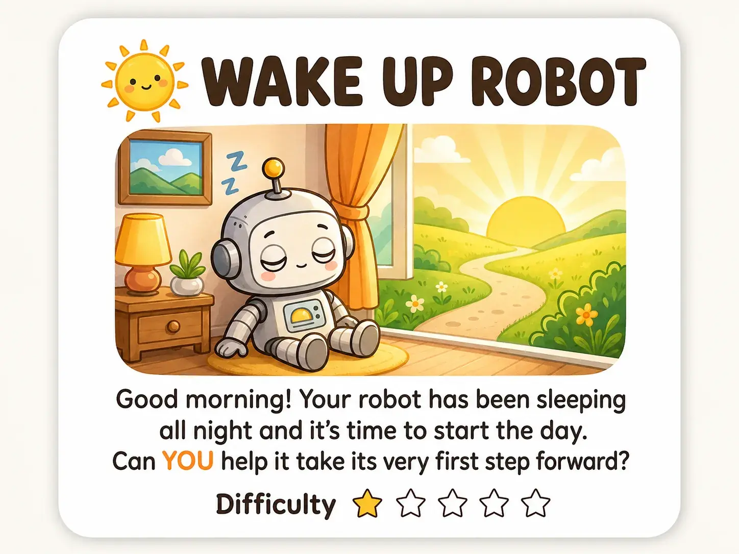 Wake Up Robot mission card — illustrated challenge a student can hold and re-read